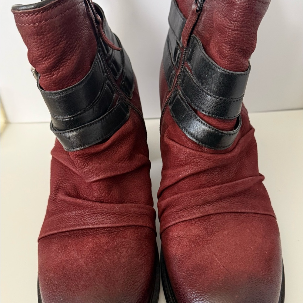 Miz Mooz Red-Burgundy and Black Leather Ankle Heeled Boots
